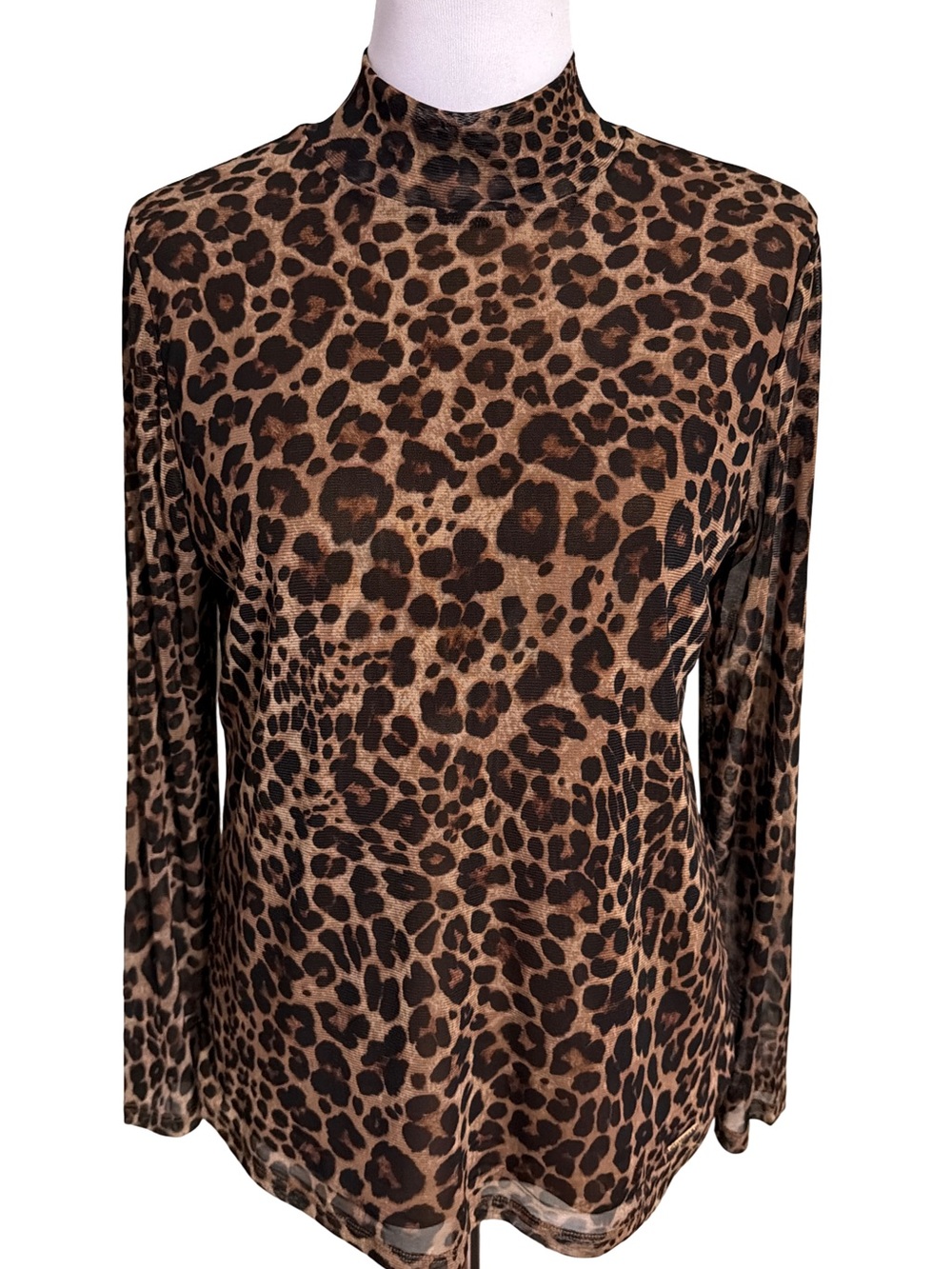 Anne Klein Leopard Print Mock Neck Top - Brown/Black